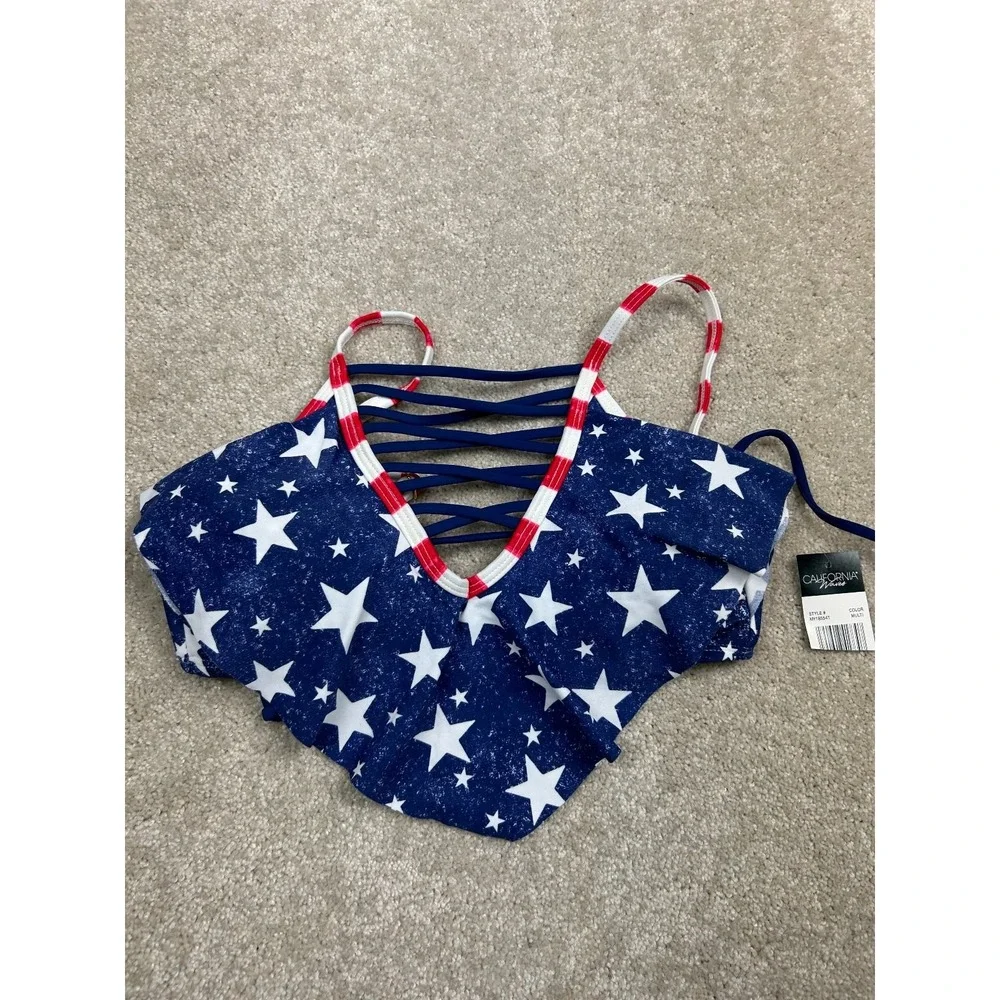 California Waves Women's Blue Red‎ White Star Bikini Top Padded Criss Cross Back